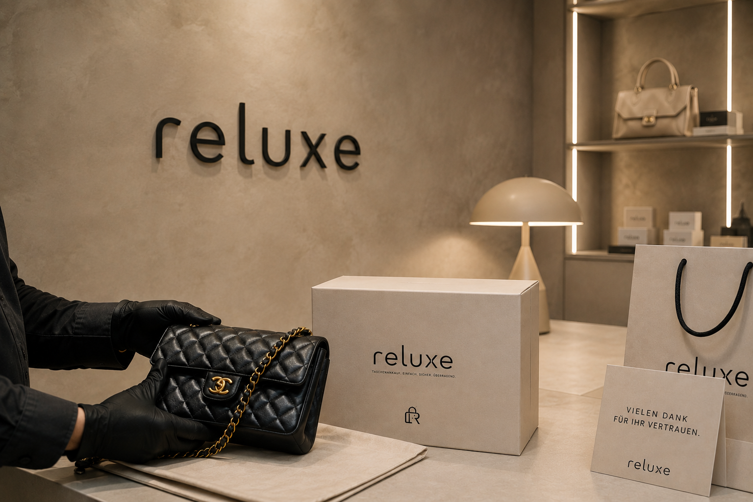 Reluxe Atelier: schwarze gesteppte Designer-Handtasche wird mit Handschuhen für den Ankauf geprüft